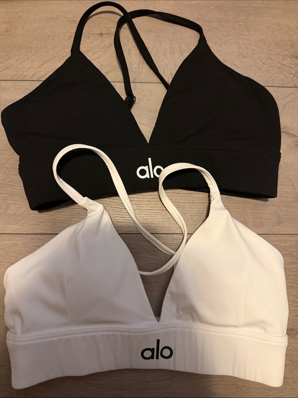 ALO Yoga V-Neck Double Strap Sports Bralettes in Black & White